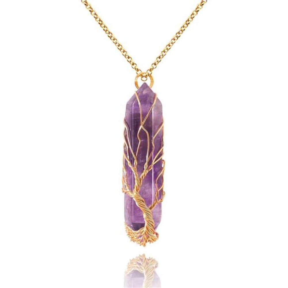 VIBILIA Healing Crystal Necklace Tree of Life Wire Wrapped Natural Stone Point